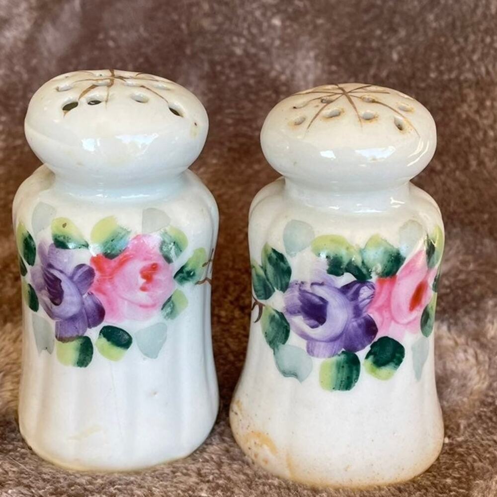 Vintage Porcelain Floral Painted Salt & Pepper Shakers Japan MCM No Plugs READ